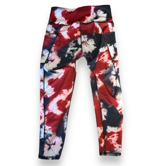 SH Red Black Tie Dye Yoga Legging sz L Contour Stitching Side Pockets - Picture 3 of 5